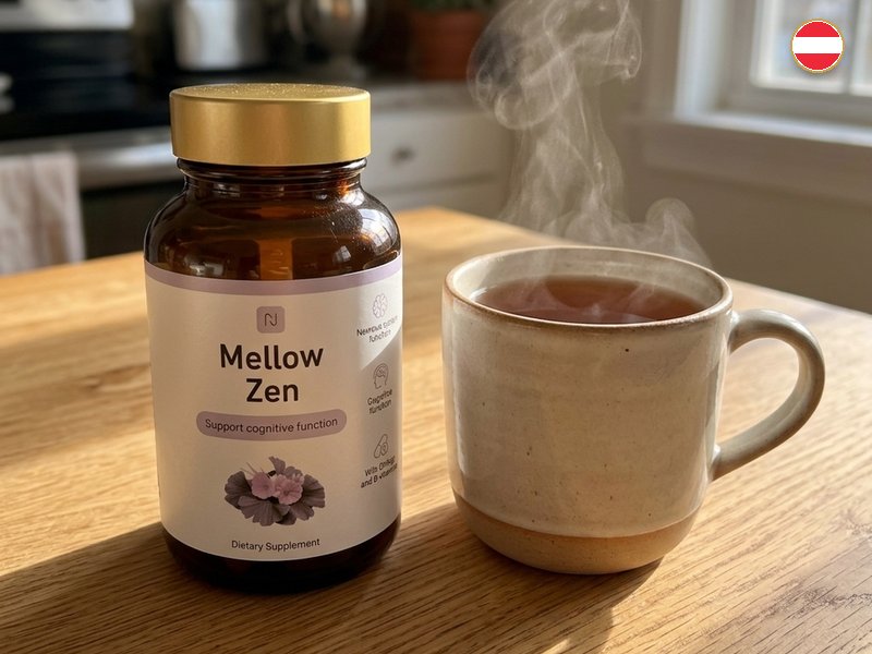 Fläschchen Mellow Zen am Küchentisch neben einem Häferl Tee
