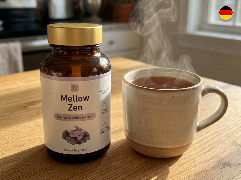 Flasche Mellow Zen auf dem Frühstückstisch neben einer Tasse Tee