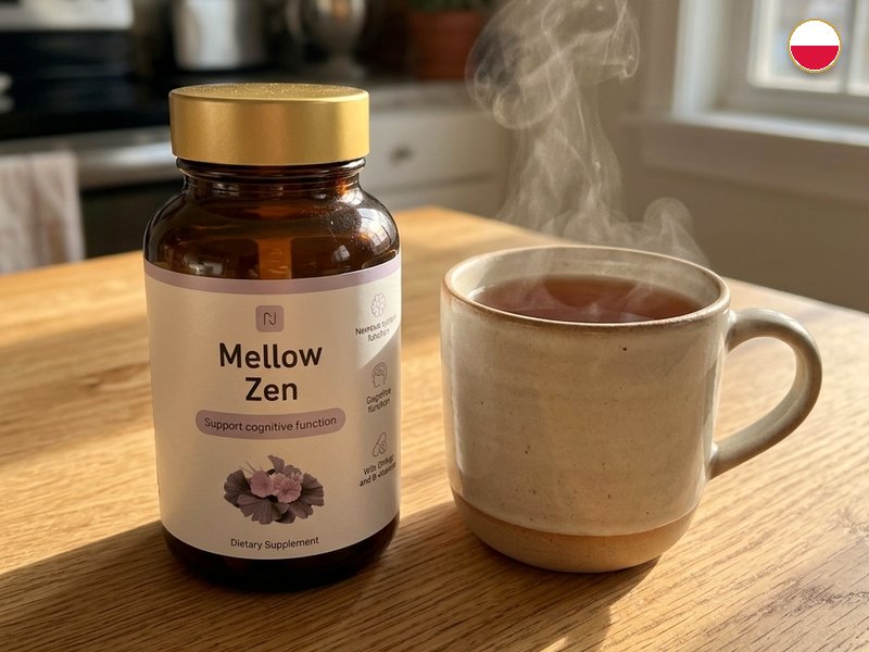 Butelka Mellow Zen na kuchennym stole obok kubka z herbatą