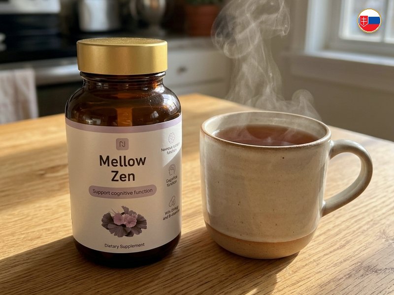 Fľaštička Mellow Zen na kuchynskom stole vedľa hrnčeka s čajom