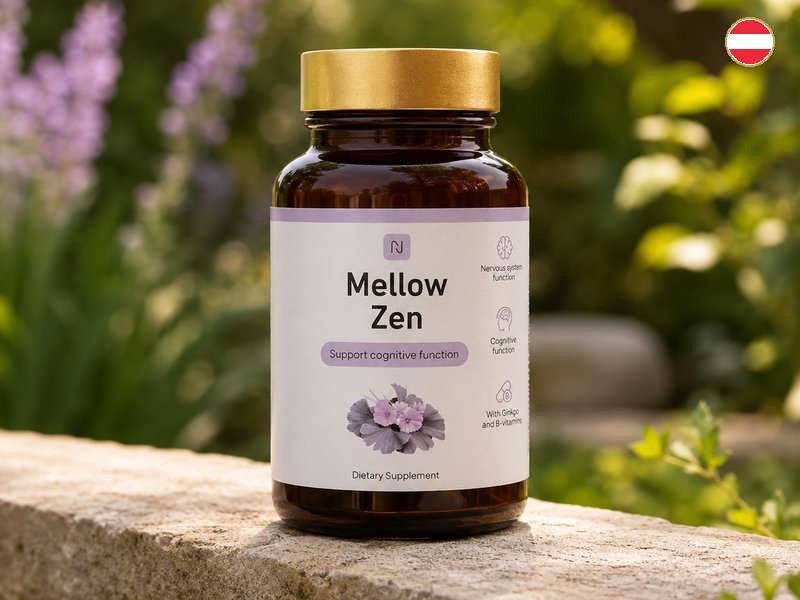 Fläschchen Mellow Zen auf einer Gartenmauer im Grünen