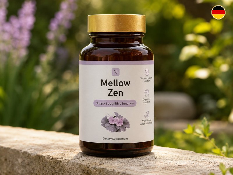 Flasche Mellow Zen auf einer Gartenmauer im Grünen