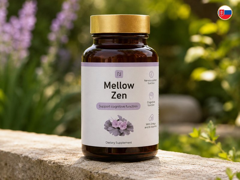 Fľaštička Mellow Zen na záhradnom múriku medzi zeleňou