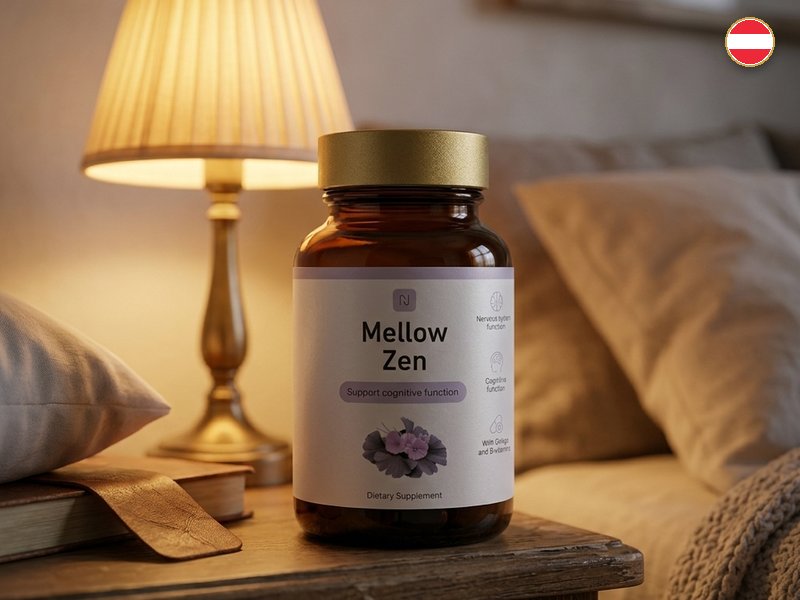Fläschchen Mellow Zen am Nachtkästchen bei brennender Lampe