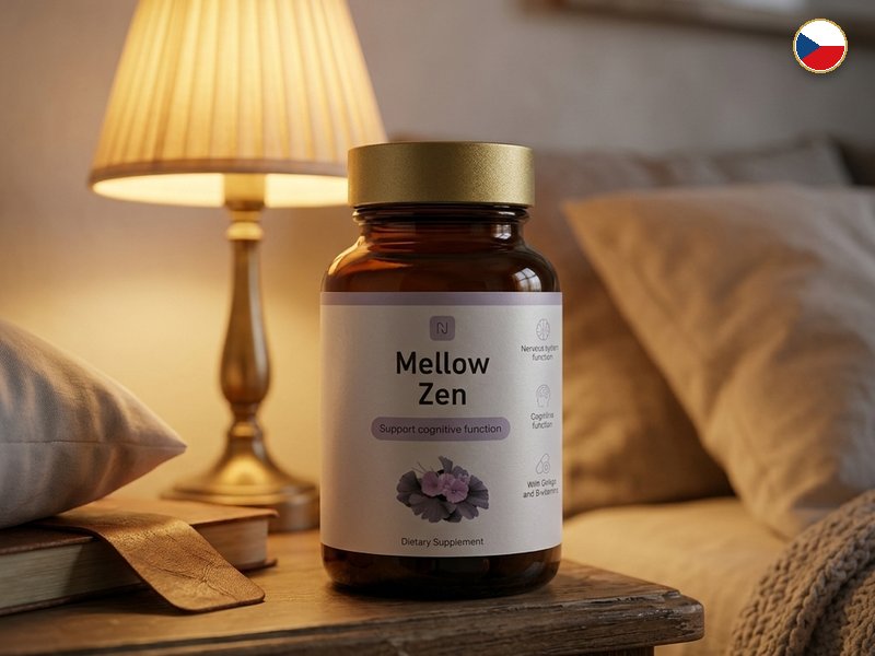 Lahvička Mellow Zen na nočním stolku u rozsvícené lampy