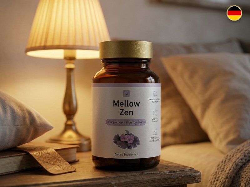 Flasche Mellow Zen auf dem Nachttisch im Licht der Leselampe