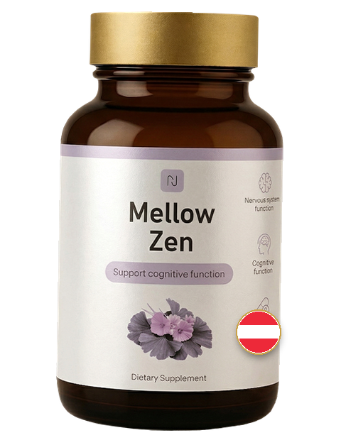 Fläschchen Mellow Zen — Braunglas, goldener Verschluss, Etikett mit Ginkgoblättern