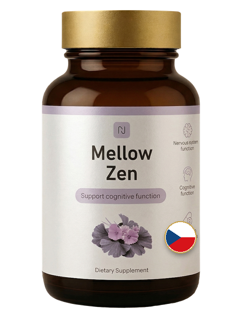 Lahvička Mellow Zen — hnědé sklo, zlaté víčko, etiketa s listy ginkga