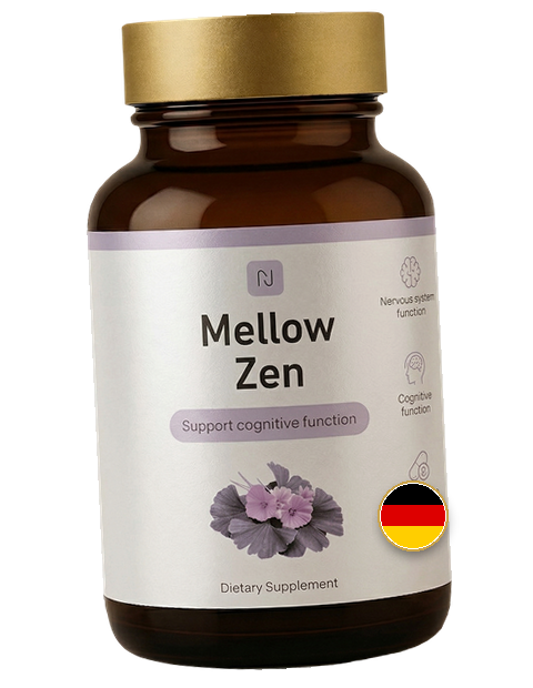 Flasche Mellow Zen — Braunglas, goldener Verschluss, Etikett mit Ginkgoblättern