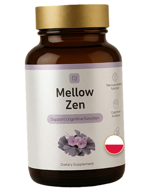 Butelka Mellow Zen — brązowe szkło, złota zakrętka, etykieta z liśćmi miłorzębu