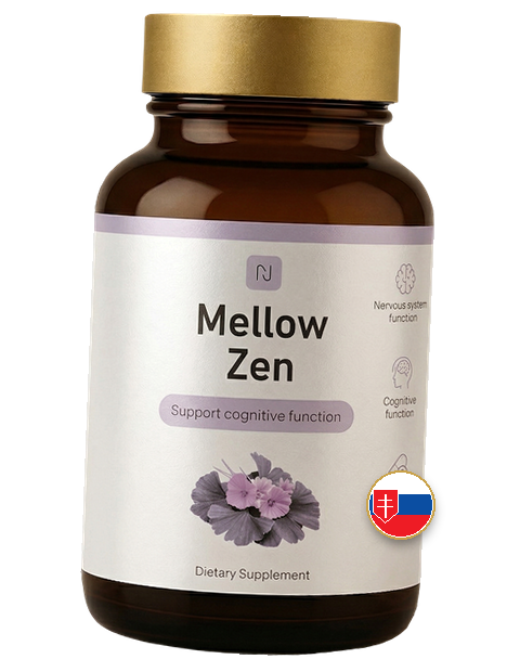 Fľaštička Mellow Zen — hnedé sklo, zlatý uzáver, etiketa s listami ginka
